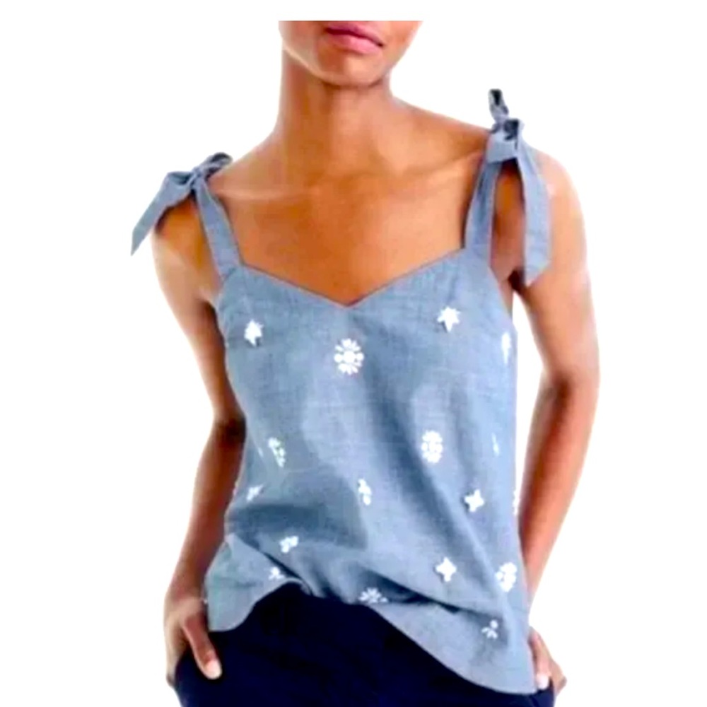 J.Crew Embellished Tie Shoulder Chambray Top